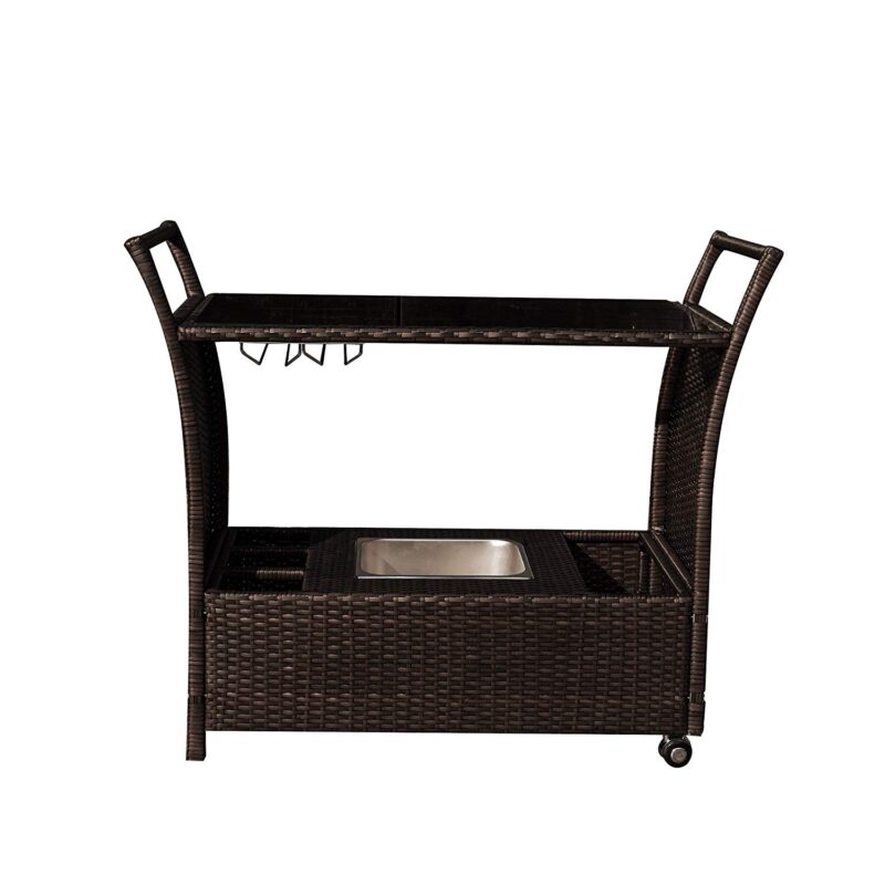 Island Retreat Outdoor Wicker Bar Cart with Drink Wells and Ice Tray