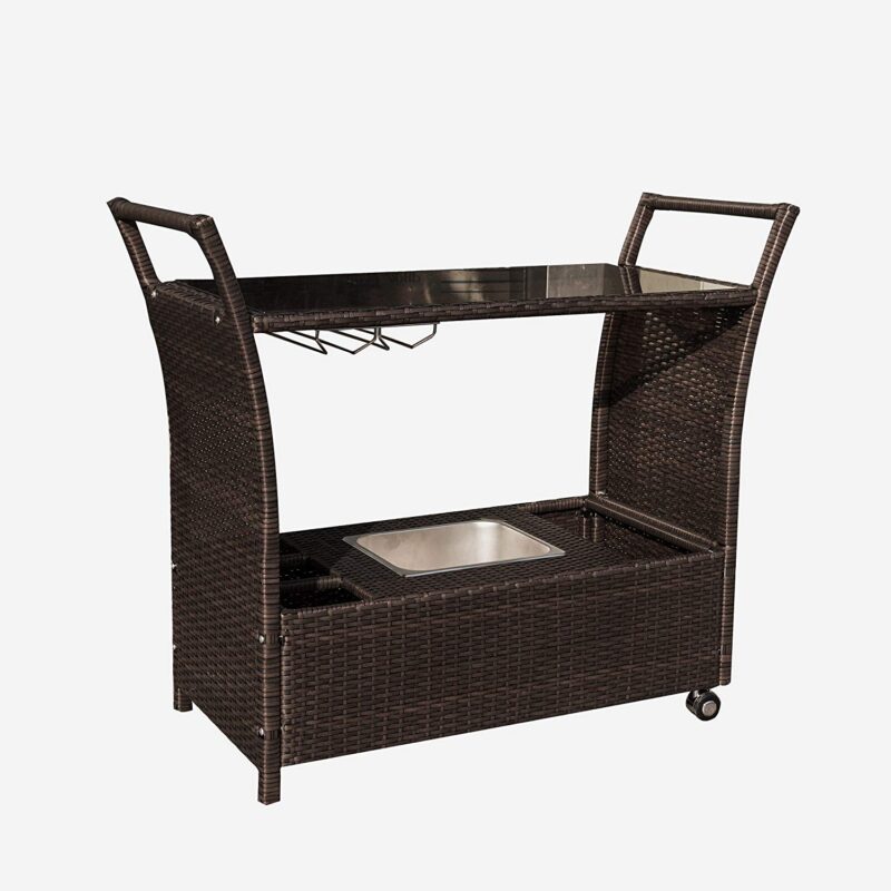 Island Retreat Outdoor Wicker Bar Cart with Drink Wells and Ice Tray