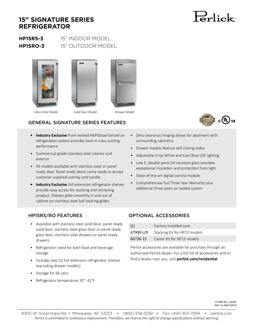 Perlick 15-In Signature Outdoor Refrigerator Spec Sheet Spec Sheet