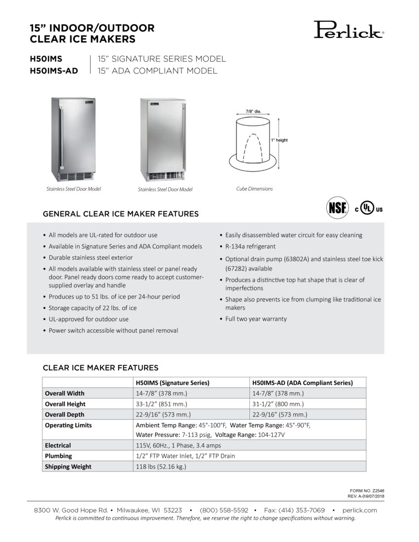 Perlick 15-in Signature Series Clear Ice Maker Spec Sheet
