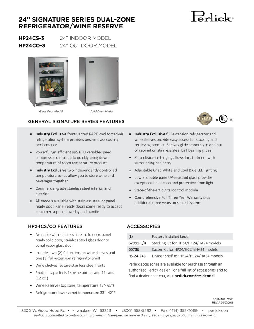 Perlick 24-In Dual-Zone Wine Reserve Data Sheet