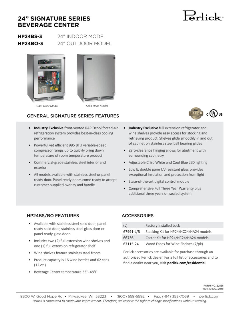 Perlick 24-In Signature Series Beverage Center Spec Sheet