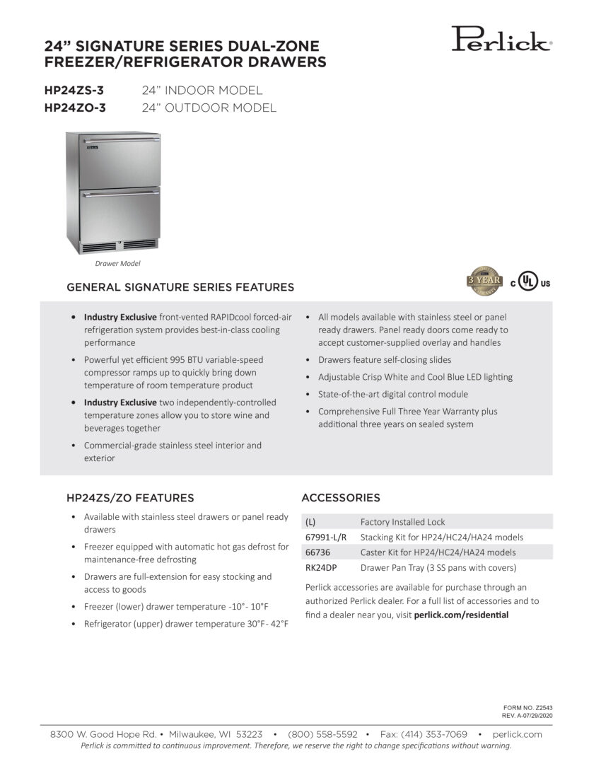 Perlick 24-In Signature Series Dual-Zone Freezer-Refrigerator Drawers Spec Sheet