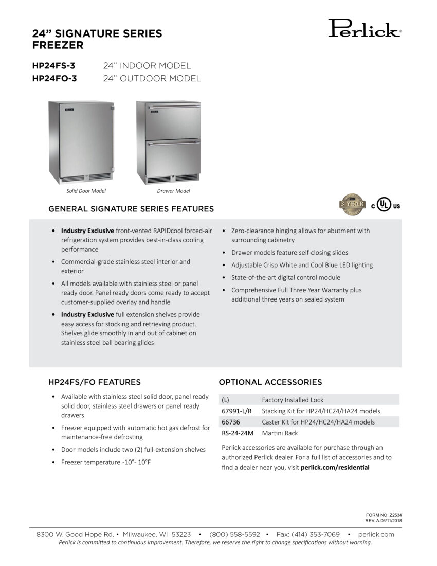 Perlick 24-in Signature Series Outdoor Freezer Spec Sheet