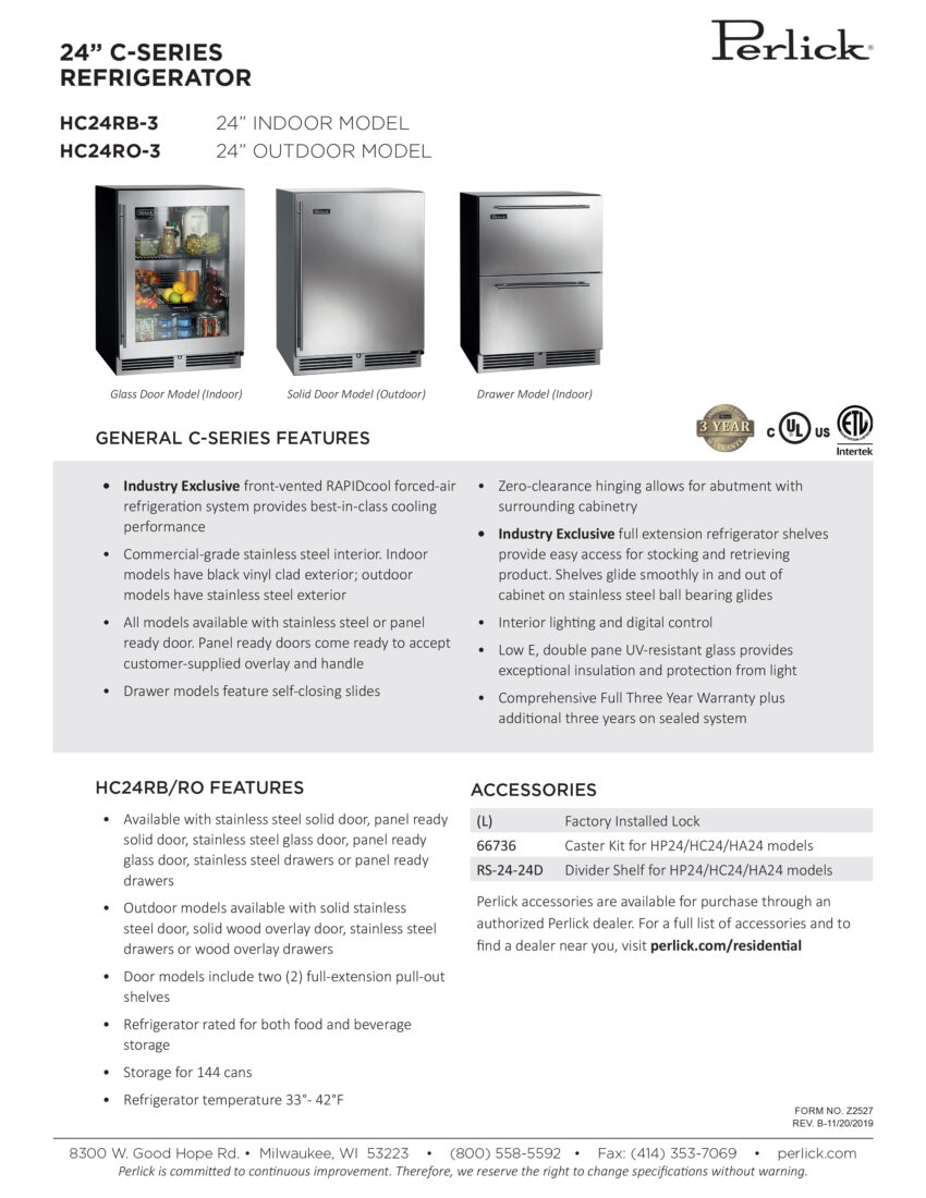 Perlick C-Series Refrigerator Spec Sheet