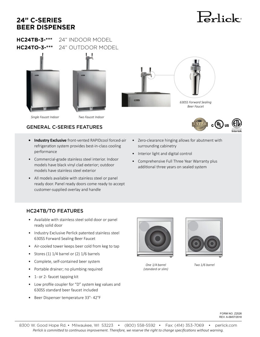 Perlick Kegerator Spec Sheet