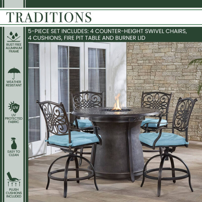 Traditions 5 Piece High Dining Fire Pit Set - Blue 2