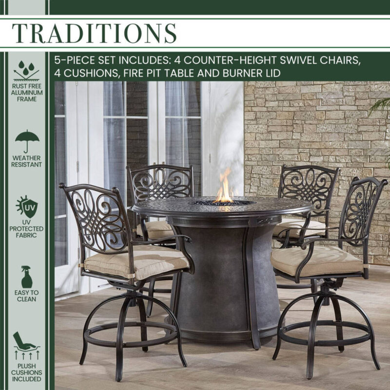 Traditions 5 Piece High Dining Fire Pit Set - Natural Oat 2
