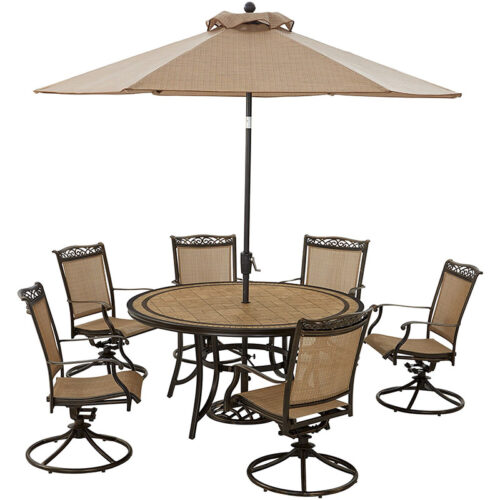 Fontana 7 Piece Dining Set: 7 Tan Sling Swivel Rockers and 60" Round Tile Table with Umbrella & Base