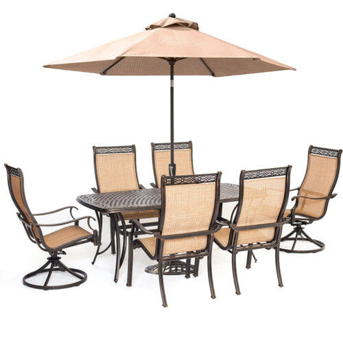 Manor 7 Piece Dining Set: 4 Tan Sling Dining Chairs and 2 Sling Swivel Rockers and 38"x72" Cast Table with Umbrella & Base