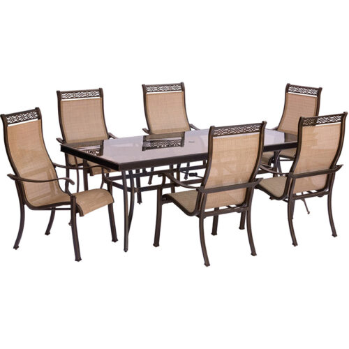 Monaco 7 Piece Glass-Top Dining Set: 6 Sling Dining Chairs, 42"x84" Glass Top Table - Tan Sling/Glass
