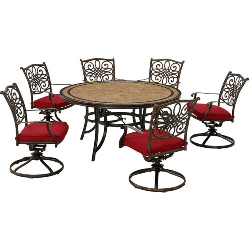 Monaco 7 Piece Round Dining Set: 6 Red Cushion Swivel Rockers and 60" Round Tile Table