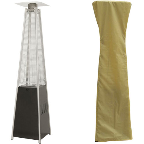 Hanover 7ft Tall, 42,000 BTU Black Pyramid Flame Glass Propane Patio Heater with Cover Combo