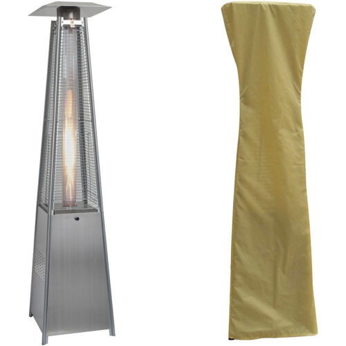 Hanover 7ft Tall, 42,000 BTU Stainless Steel Pyramid Flame Glass Propane Patio Heater with Cover Combo