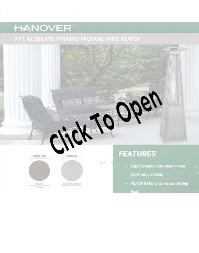 Black Pyramid Flame Glass Propane Patio Heater with Cover Combo Spec Sheet