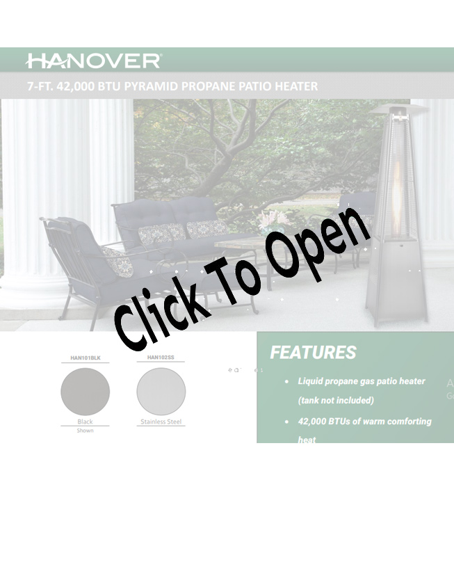 Stainless Steel Pyramid Flame Glass Propane Patio Heater with Cover Combo Spec Sheet