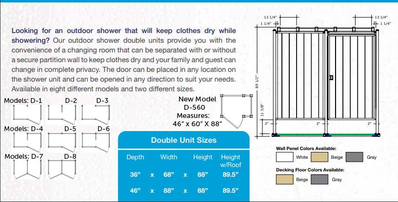 Serenity Double DIY Outdoor Shower or Bathroom Enclosure Info Chart