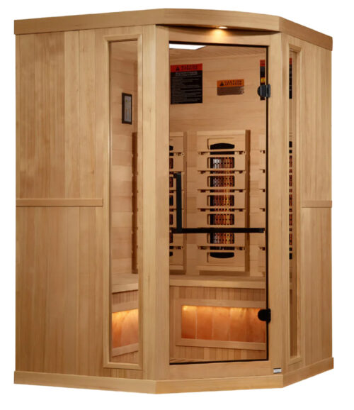 Golden Designs 3-Person PureTech Near Zero EMF FAR Infrared Corner Sauna with Himalayan Salt Bar