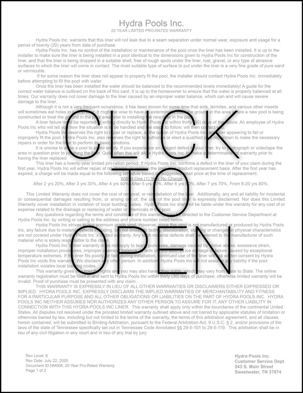 Hydra Pools Liner Warranty