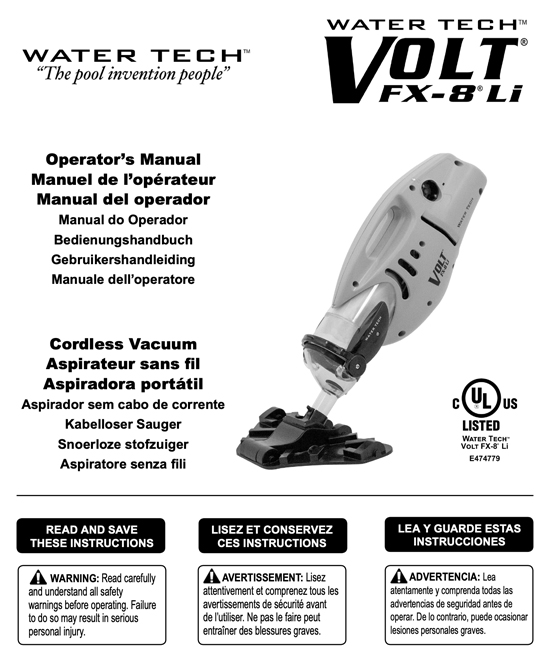 Water Tech Volt FX8LI Battery Powered Vacuum