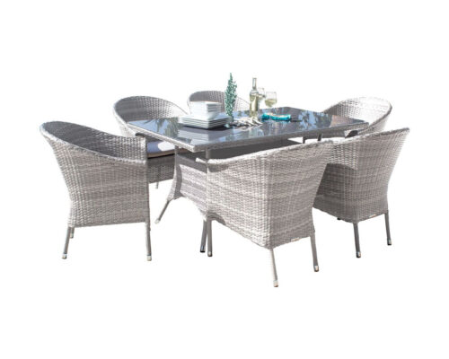 Hospitality Rattan Ultra 7-Piece Armchair Dining Set with Sunbrella Canvas Heather Beige Cushions