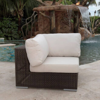 Outdoor wicker lounge chair Weather and UV resistant Includes comfortable cushions available in a variety of colors and patterns Sturdy aluminum legs for extra support Can be used indoors or outdoors Rehau Fiber in a java brown finish Aluminum Frame w/ All Weather Rehau Fiber Wicker Viro & Rehau commercial quality woven synthetic wicker is warranted against separation and tearing for (3) years from purchase date