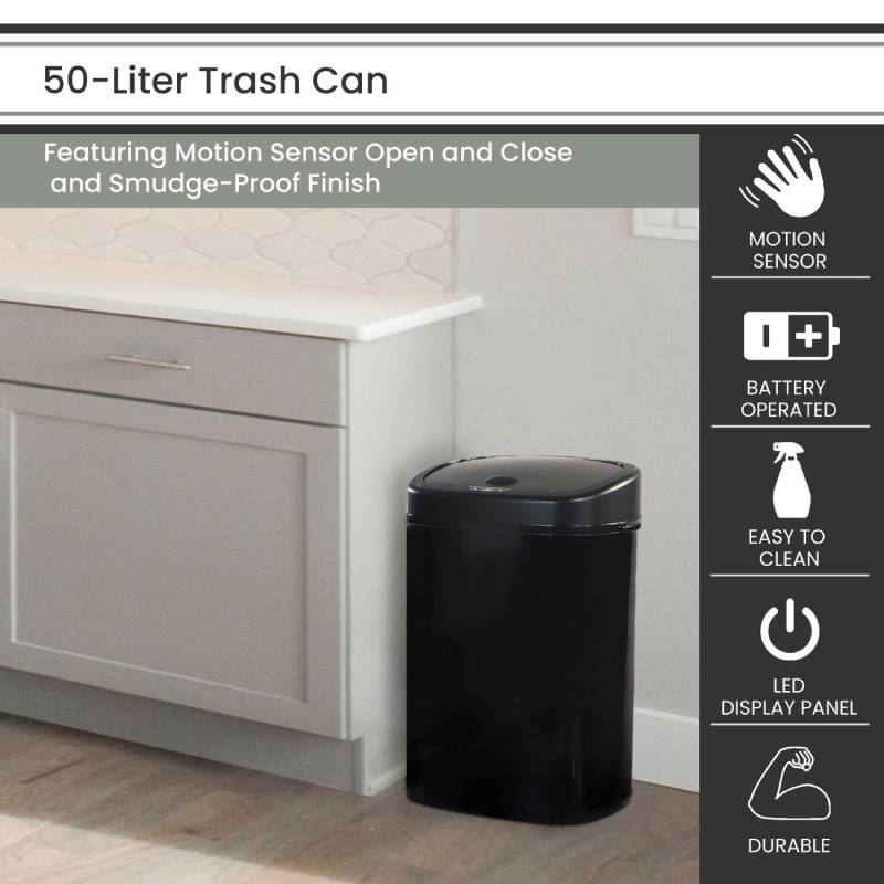 Hanover HTRASH50L-5 50L Wide Black Stainless Steel Motion Sensor Trash Can 4